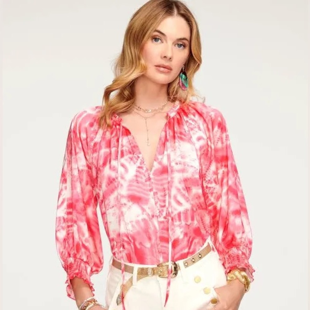 NWT Ramy Brook Pink and White Tie Front Blouse